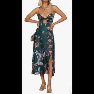 Silky Green Print Midi Dress with slit